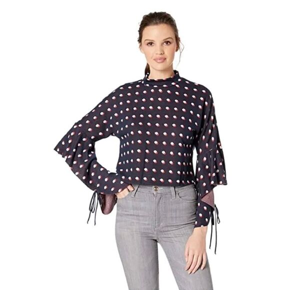 BCBGeneration Blue, Red & White Polka Dot Flutter Sleeves Mock Neck Crop Top - Picture 5 of 16